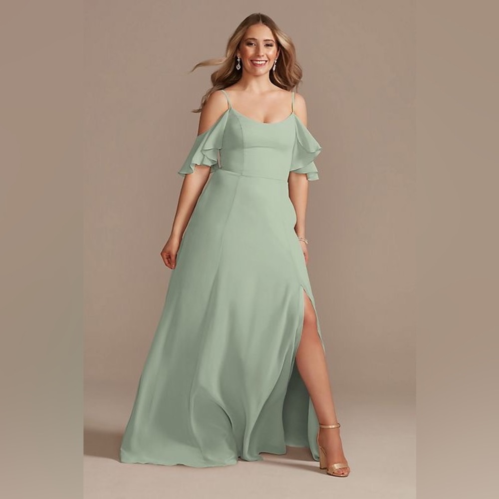 David’s Bridal Cold-Shoulder Long Chiffon Dusty Sage Bridesmaid Dress
